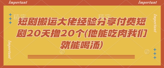 短剧搬运大佬经验分享付费短剧20天撸20个(他能吃肉我们就能喝汤)-OG网创